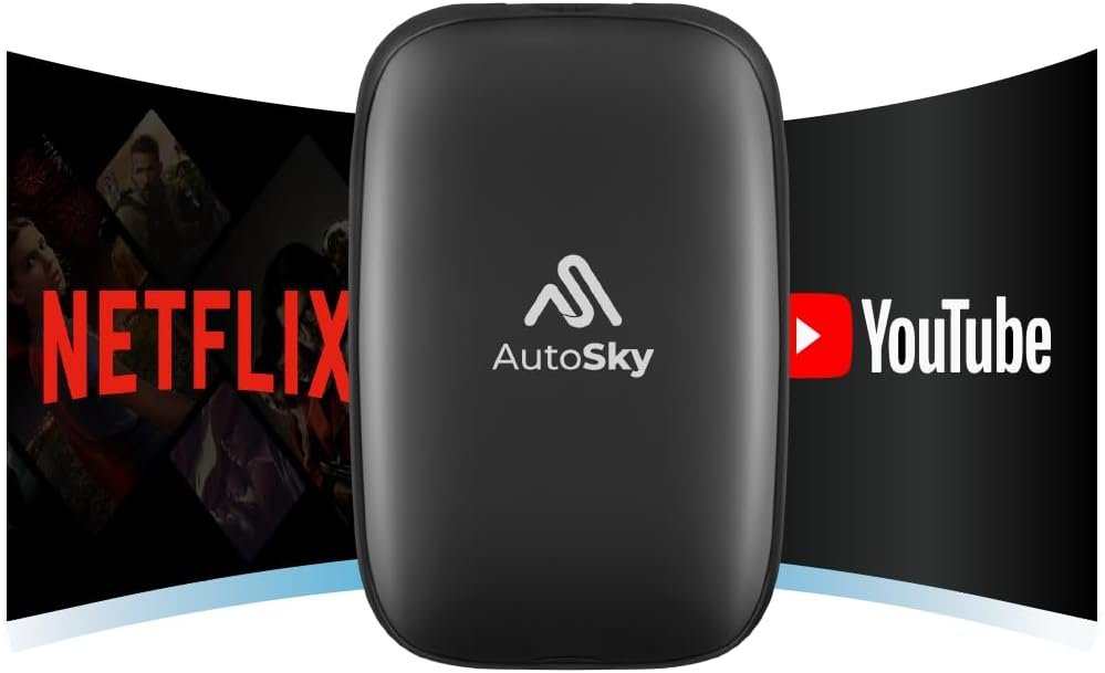 AutoSky Ai Box Lite X – WLAN- und Bluetooth-Konnektivität, für iPhones und Android-Geräte, nur für kabelgebundenes CarPlay erforderlich, erweiterbarer Speicher mit YouTube & Netflix