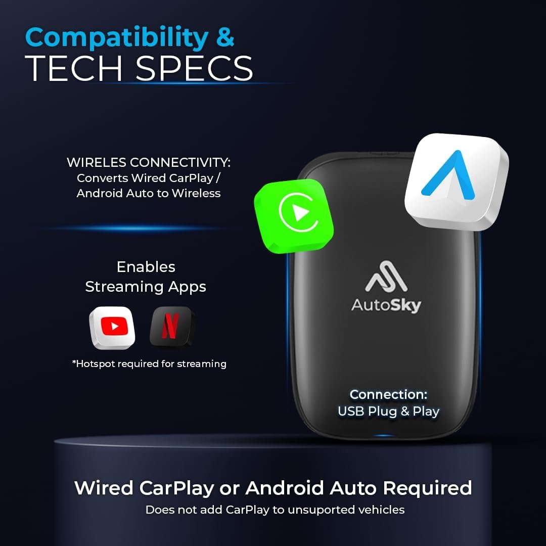 AutoSky Ai Box Lite X – WLAN- und Bluetooth-Konnektivität, für iPhones und Android-Geräte, nur für kabelgebundenes CarPlay erforderlich, erweiterbarer Speicher mit YouTube & Netflix - Image 4